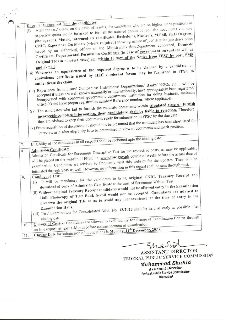 FPSC Advertisement No 13 2023 Extended
