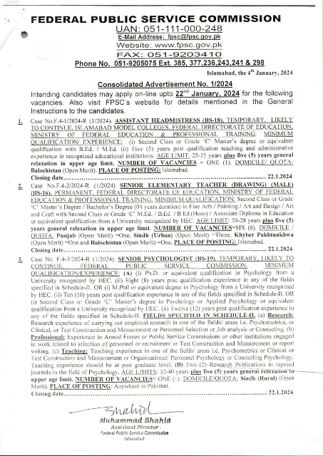 FPSC Jobs 2024 Current Advertisement Apply Online
