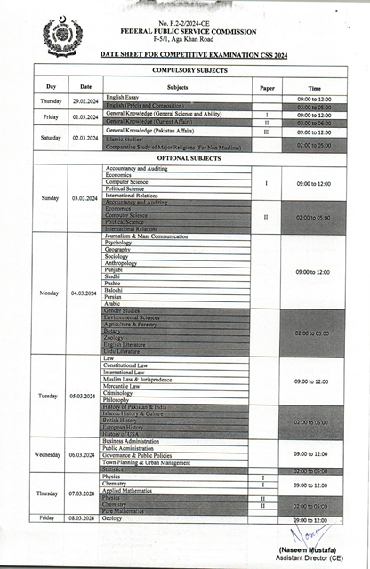 CSS Date Sheet 1 CSS Date Sheet 2024 FPSC Date Sheet 2024