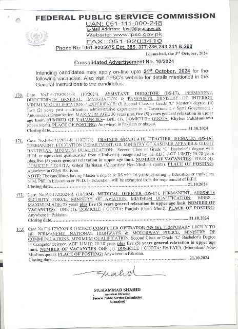 FPSC Jobs 2024 Advertisement No 10