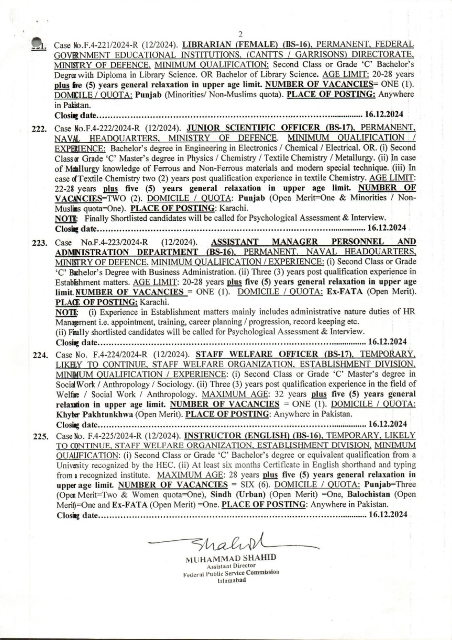 FPSC Jobs 2024 Advertisement No 12