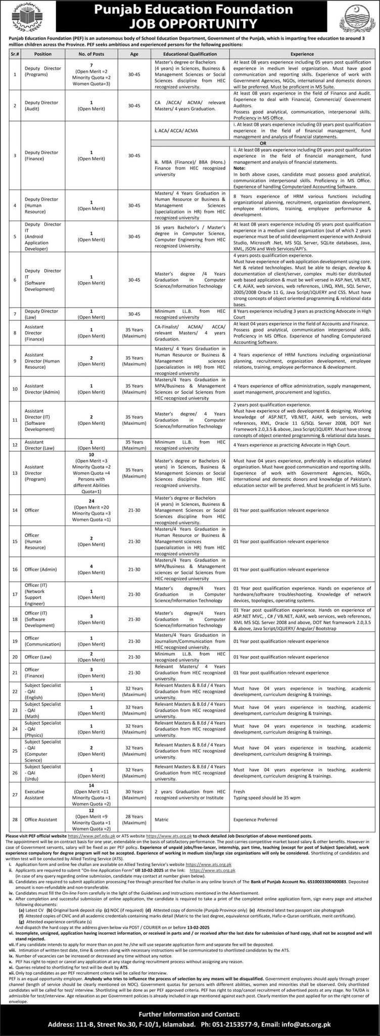 Punjab Education Foundation Jobs 2025 Online apply for advertisement download